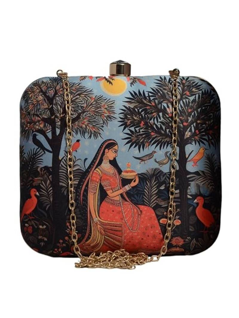 Women portarit printed box clutch for women with detachable strap