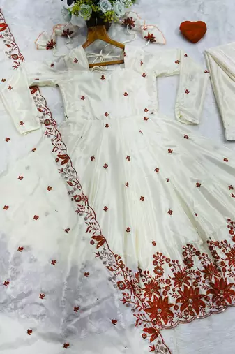 Ivory heavy silk embroidered anarkali gown set with sharara & dupatta