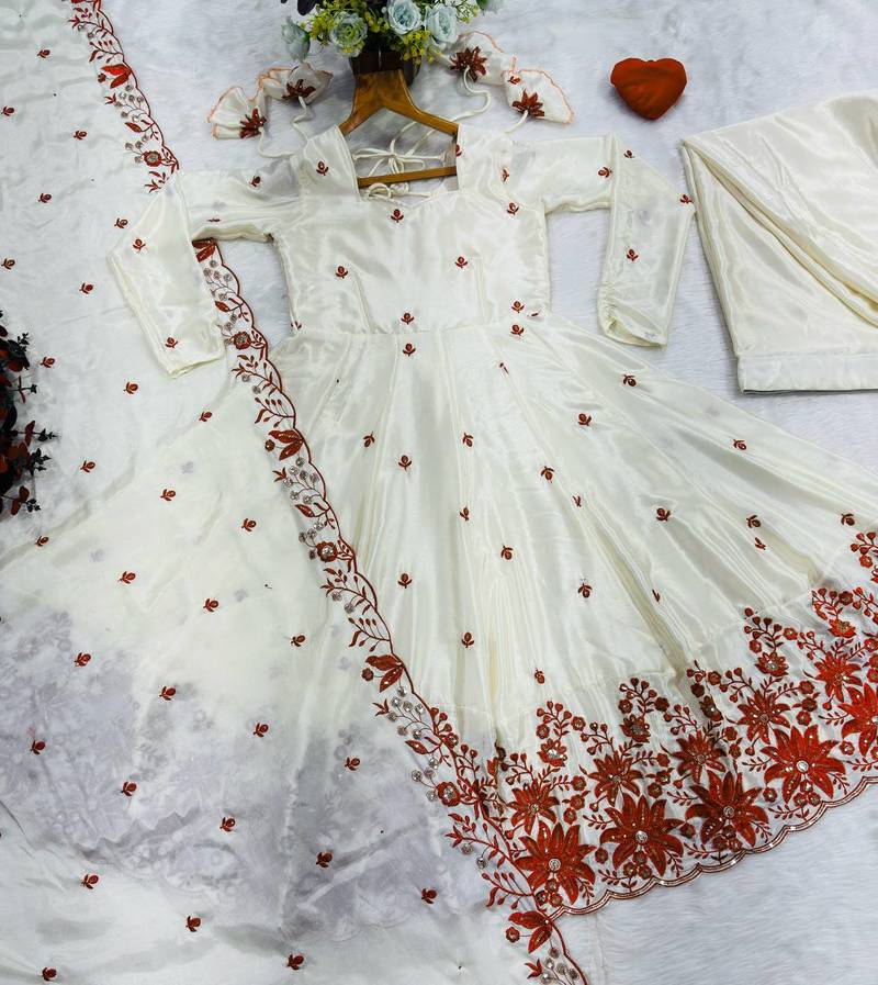 Ivory heavy silk embroidered anarkali gown set with sharara & dupatta