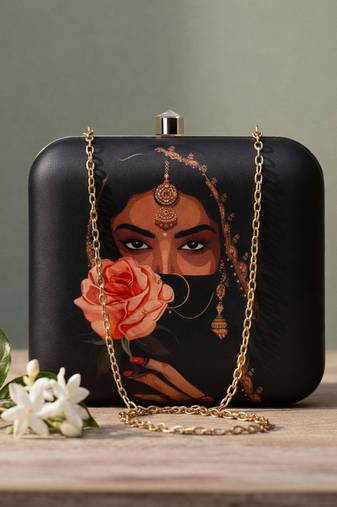 Cream-coloured  blue printed box clutch bag for women with detachable strap
