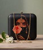 Cream-coloured  blue printed box clutch bag for women with detachable strap