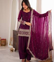 Wine heavy fendy silk embroidered kurta with farshi shalwar & glass roman silk dupatta set