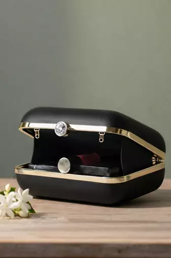 Cream-coloured  blue printed box clutch bag for women with detachable strap