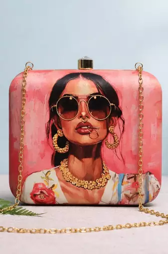Printed box clutch bag for women with detachable strap