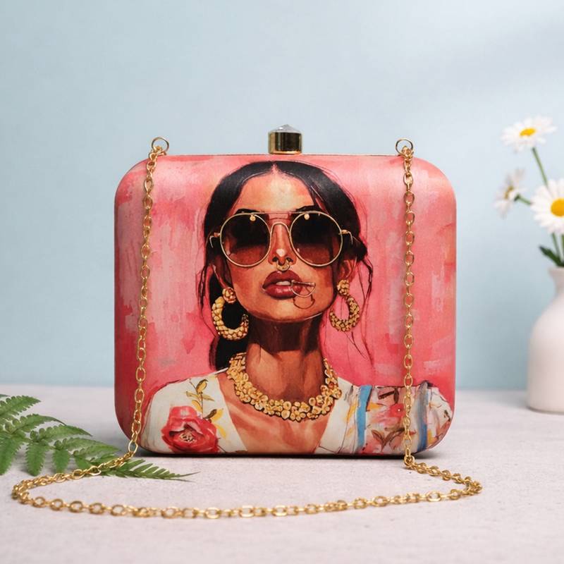 Printed box clutch bag for women with detachable strap