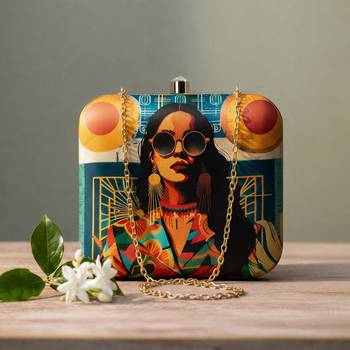 Graphic printed box clutch bag for women with detachable strap 1