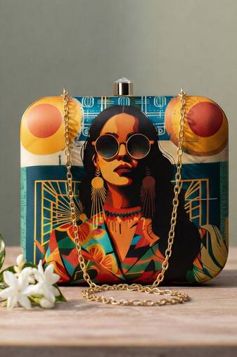 Graphic printed box clutch bag for women with detachable strap