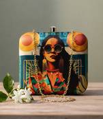 Graphic printed box clutch bag for women with detachable strap