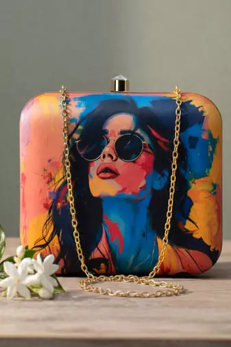 Printed box clutch bag for women with detachable strap