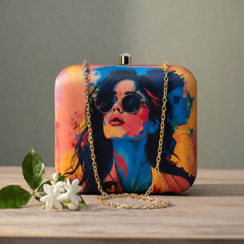 Printed box clutch bag for women with detachable strap