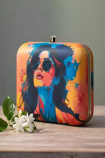 Printed box clutch bag for women with detachable strap