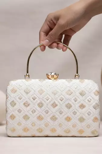 Embroidered box clutch bag for women with detachable strap