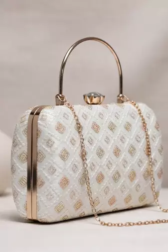 Embroidered box clutch bag for women with detachable strap