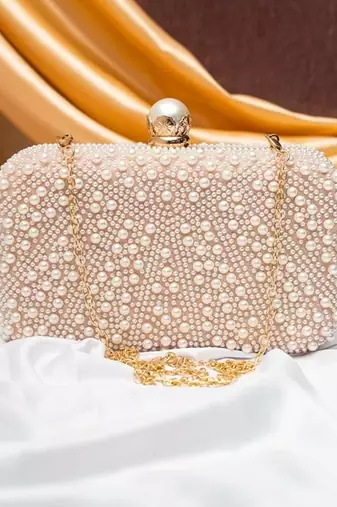 Pearl beaded evening party clutch bag for women with detachable strap