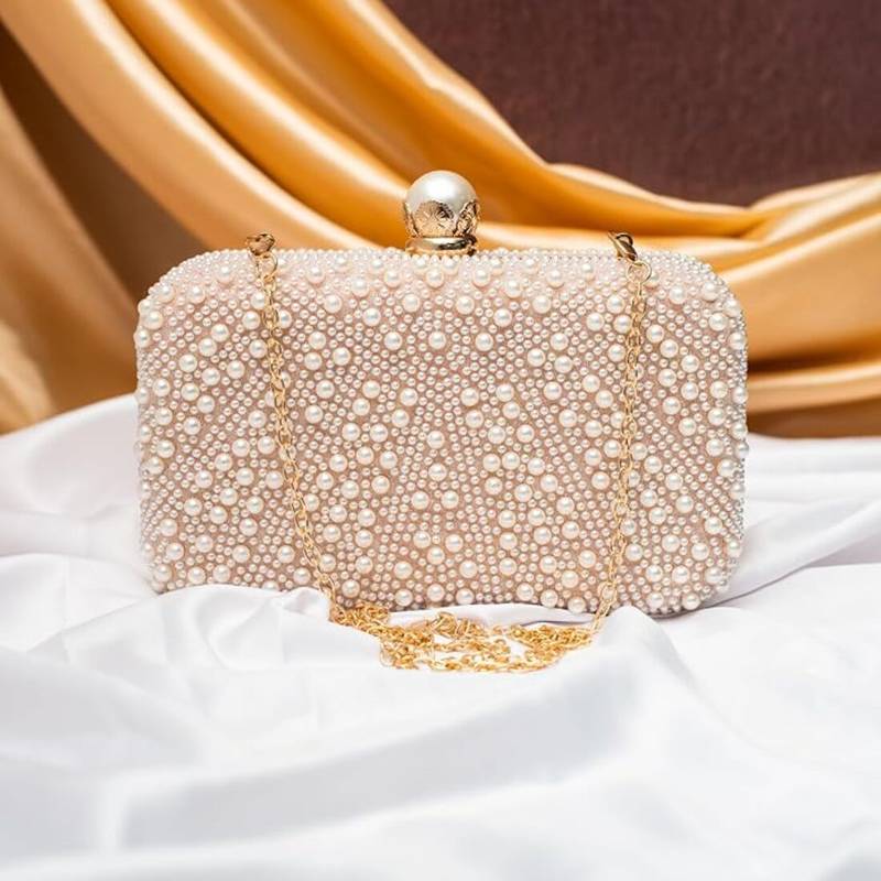 Pearl beaded evening party clutch bag for women with detachable strap