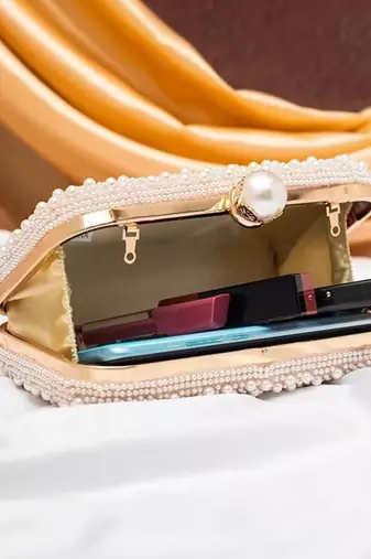 Pearl beaded evening party clutch bag for women with detachable strap