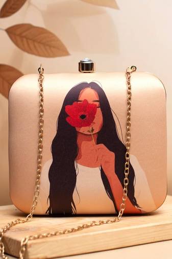 Flower girl printed box clutch bag for women with detachable strap