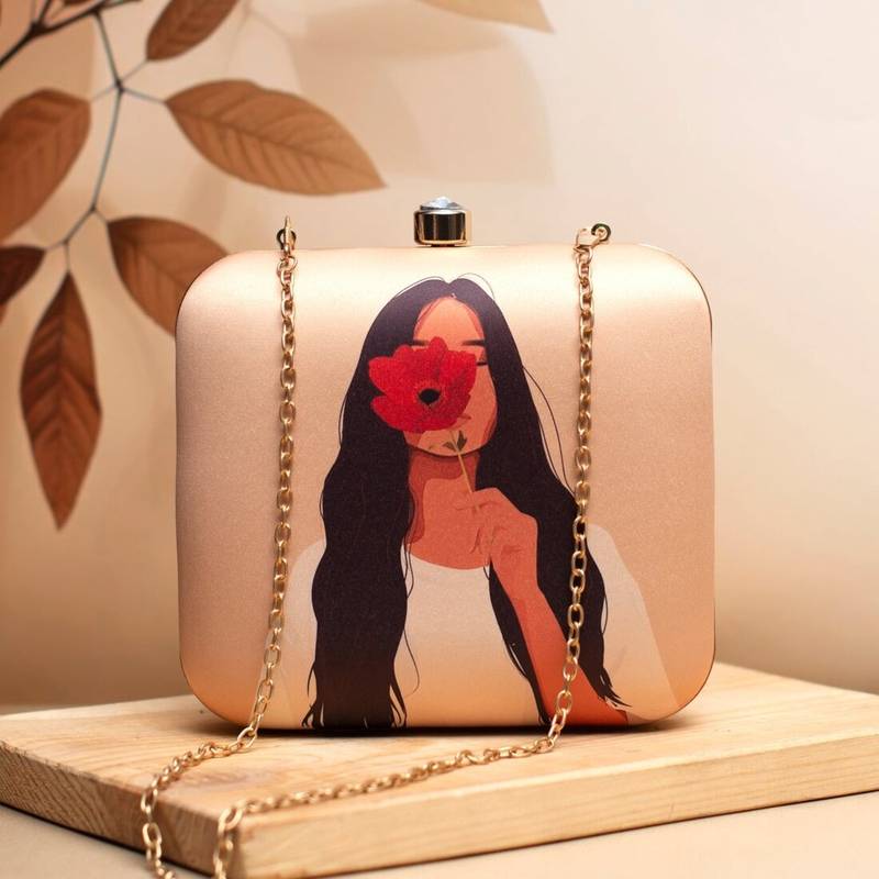 Flower girl printed box clutch bag for women with detachable strap