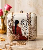 Lady with white tiger printed box clutch bag for women with detachable strap