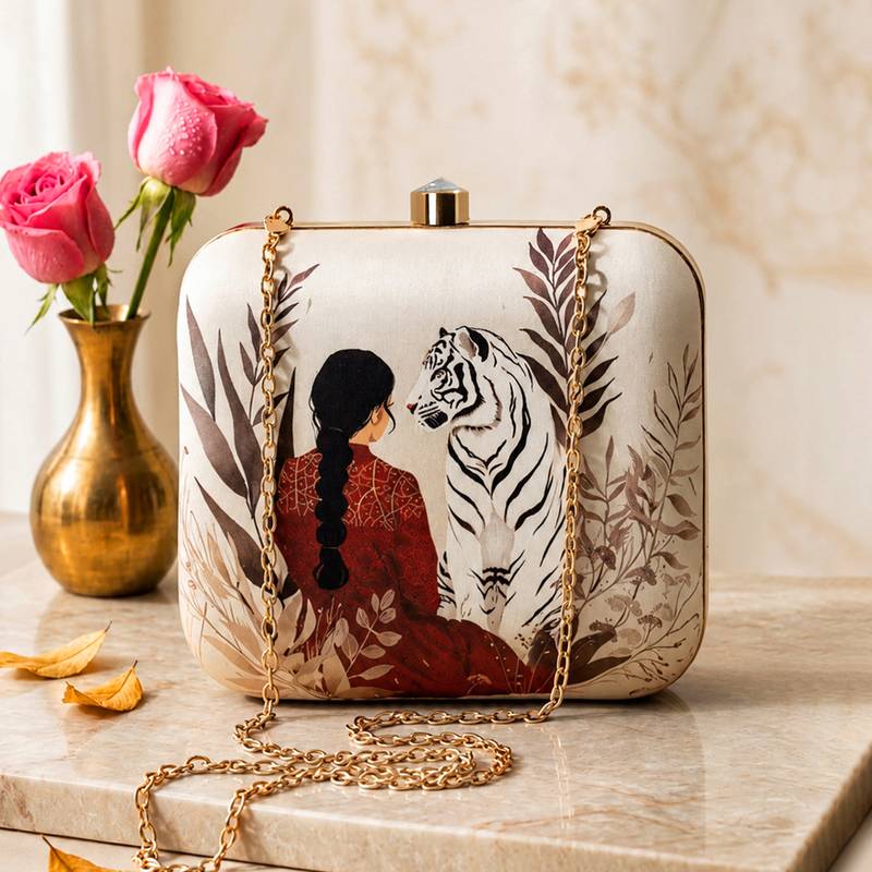 Lady with white tiger printed box clutch bag for women with detachable strap