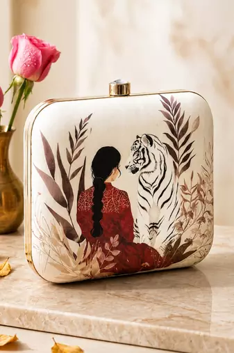 Lady with white tiger printed box clutch bag for women with detachable strap