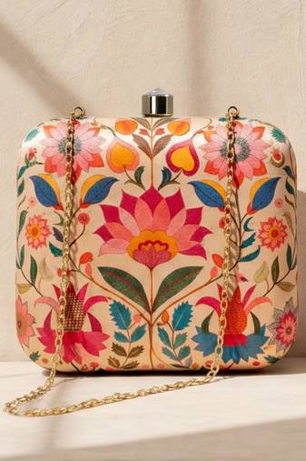 Multicolour floral printed clutch bag for women with detachable strap
