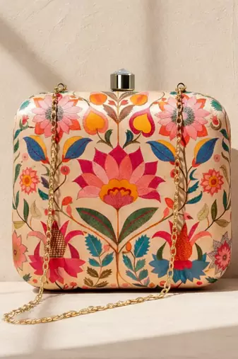 Multicolour floral printed clutch bag for women with detachable strap