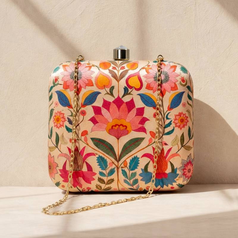 Multicolour floral printed clutch bag for women with detachable strap