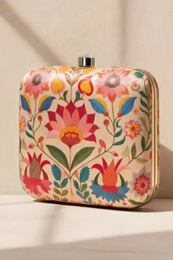 Multicolour floral printed clutch bag for women with detachable strap