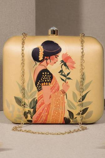 Based indian in saree printed box clutchbag for women with detachable strap
