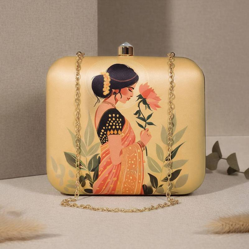 Based indian in saree printed box clutchbag for women with detachable strap