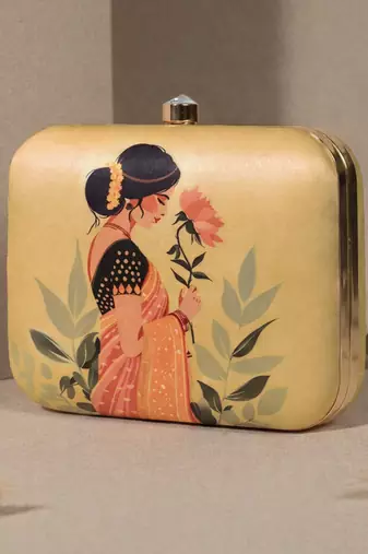 Based indian in saree printed box clutchbag for women with detachable strap