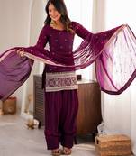Wine heavy fendy silk embroidered kurta with farshi shalwar & glass roman silk dupatta set