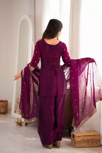 Wine heavy fendy silk embroidered kurta with farshi shalwar & glass roman silk dupatta set