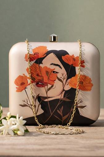 Flower printed box clutchbag for women with detachable strap