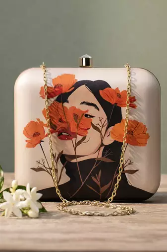 Flower printed box clutchbag for women with detachable strap
