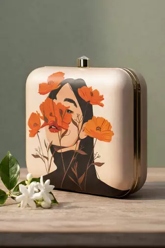 Flower printed box clutchbag for women with detachable strap