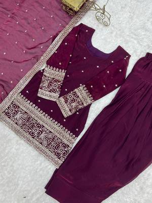 Wine heavy fendy silk embroidered kurta with farshi shalwar & glass roman silk dupatta set 5