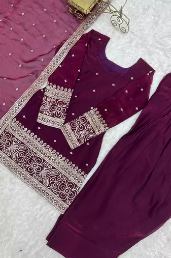 Wine heavy fendy silk embroidered kurta with farshi shalwar & glass roman silk dupatta set