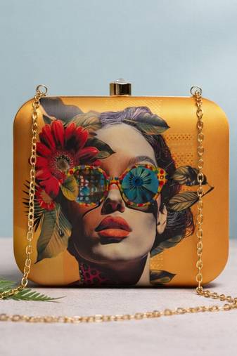 Colorful sunglasses portrait printed box clutch bag for women with detachable strap
