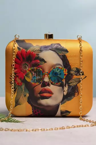 Colorful sunglasses portrait printed box clutch bag for women with detachable strap