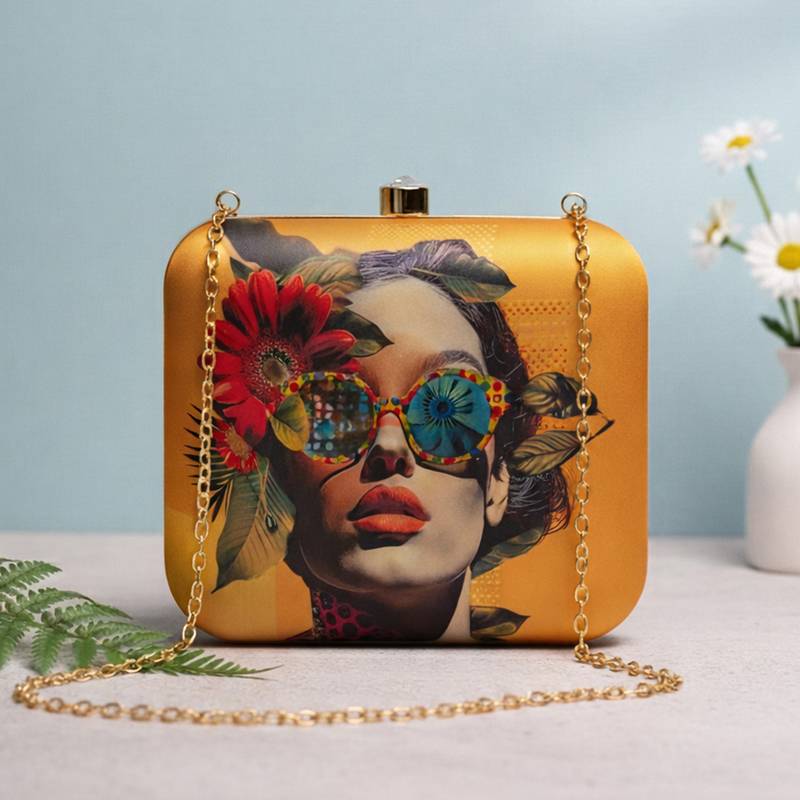 Colorful sunglasses portrait printed box clutch bag for women with detachable strap