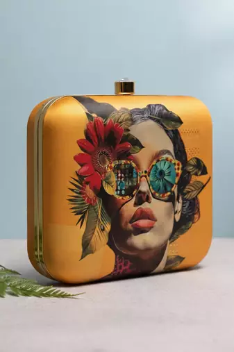 Colorful sunglasses portrait printed box clutch bag for women with detachable strap