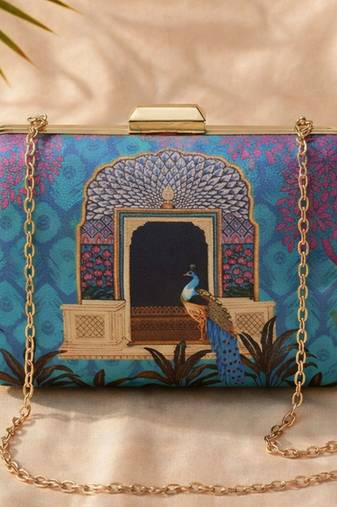 Peacock printed clutchbag for women with detachable strap