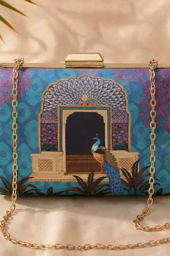 Peacock printed clutchbag for women with detachable strap