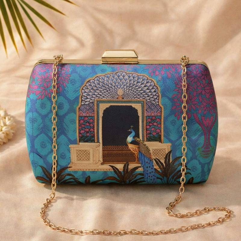 Peacock printed clutchbag for women with detachable strap