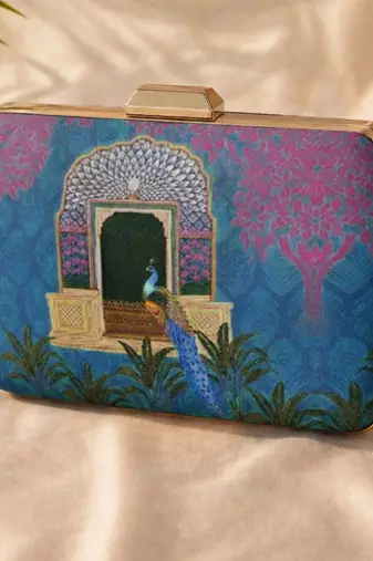 Peacock printed clutchbag for women with detachable strap