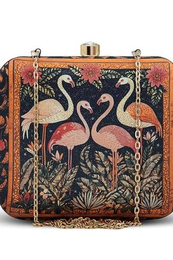 Black based flamingo printed clutch for women with detachable strap