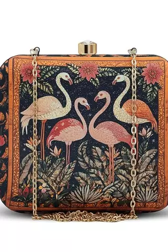 Black based flamingo printed clutch for women with detachable strap