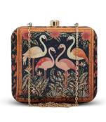 Black based flamingo printed clutch for women with detachable strap